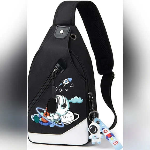New! Astronaut With Guitar Rocket Black Sling Bag Backpack Kids Cartoon Fun - Picture 1 of 10